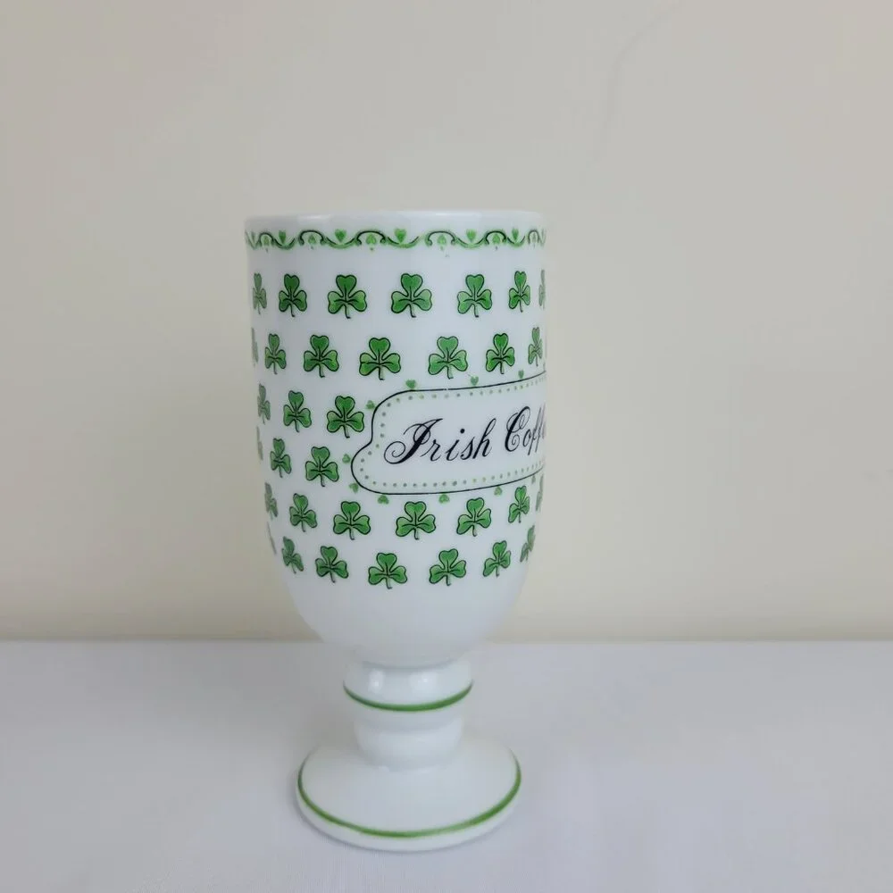 Vintage Irish Coffee Mug Footed Pedestal Green lucky Clover Shamrock 1345, Japan
